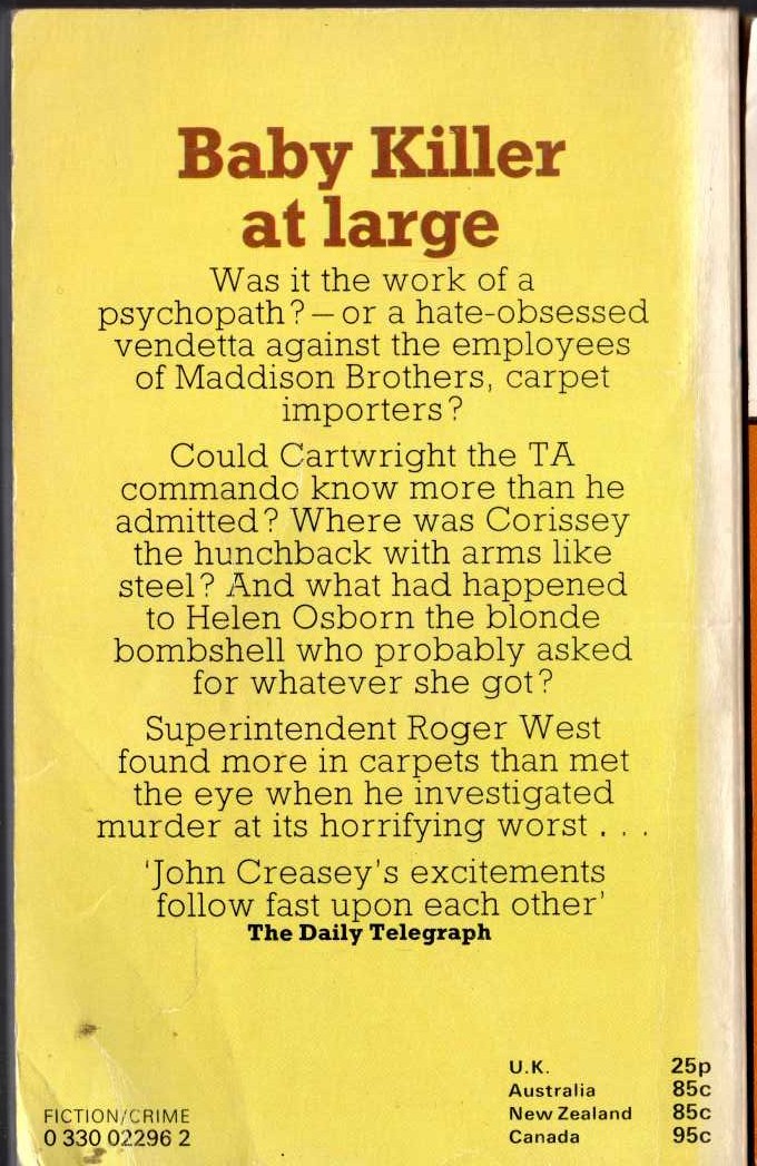 John Creasey  THE CASE OF THE INNOCENT VICTIMS (Roger West) magnified rear book cover image