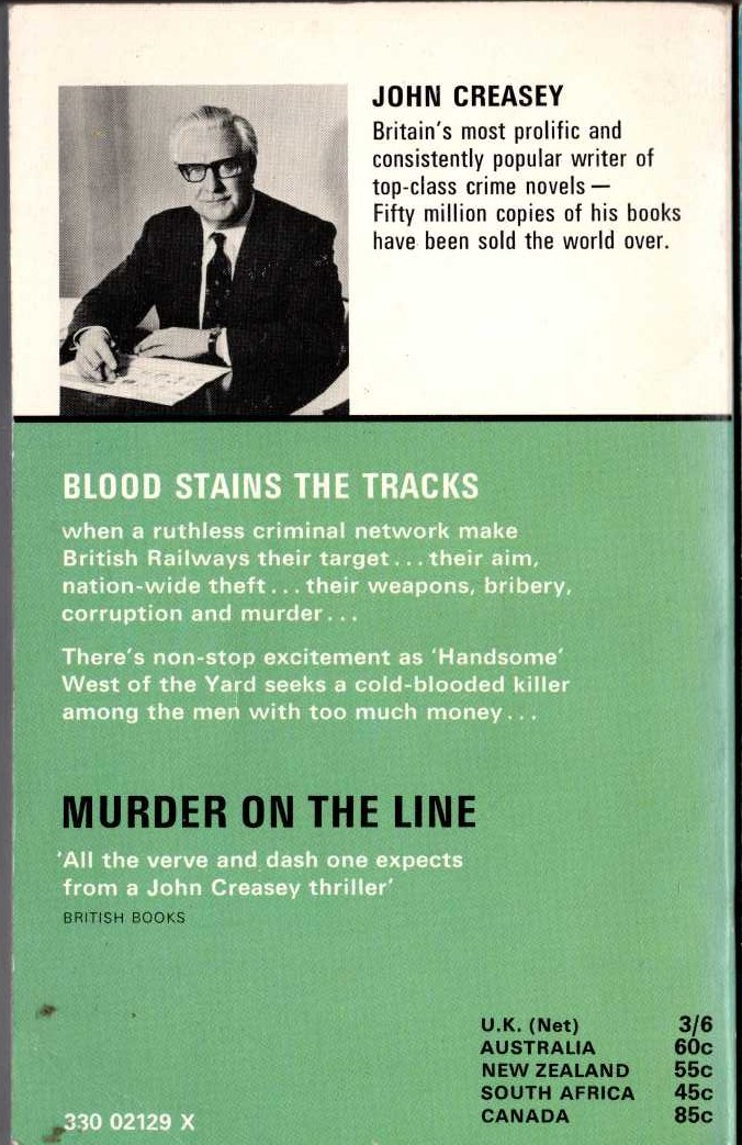 John Creasey  MURDER ON THE LINE (Roger West) magnified rear book cover image