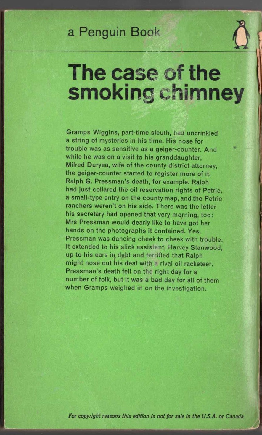 Erle Stanley Gardner  THE CASE OF THE SMOKING CHIMNEY magnified rear book cover image
