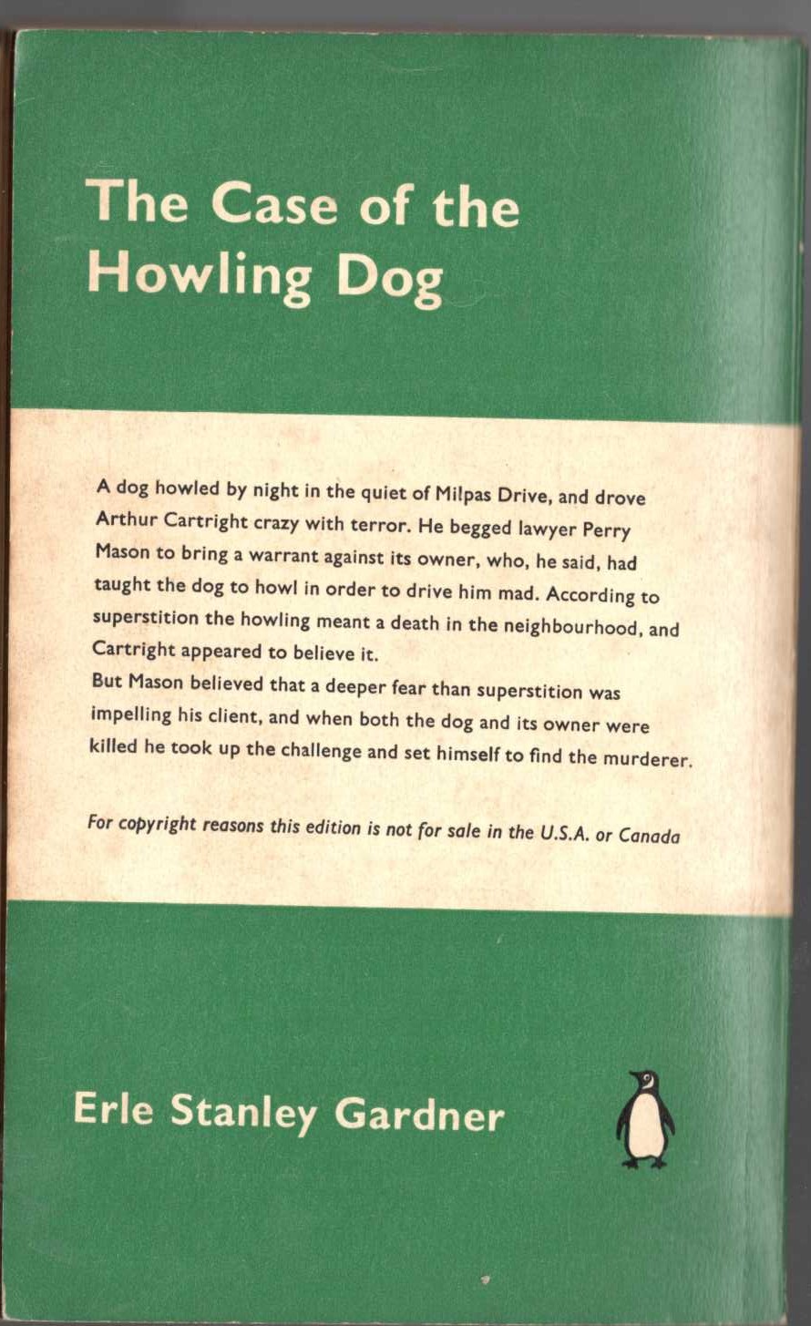 Erle Stanley Gardner  THE CASE OF THE HOWLING DOG magnified rear book cover image