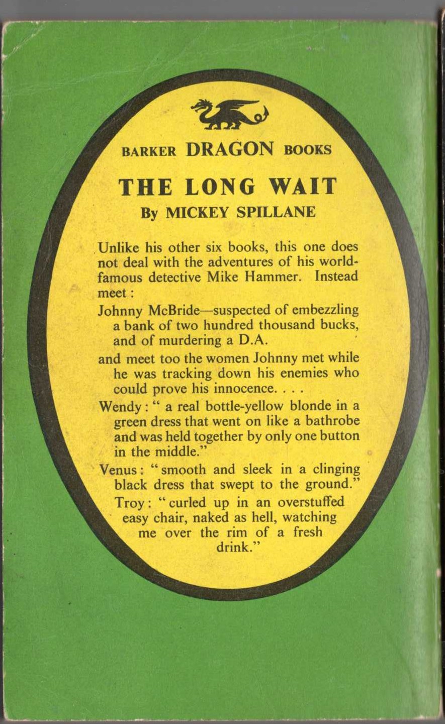 Mickey Spillane  THE LONG WAIT magnified rear book cover image
