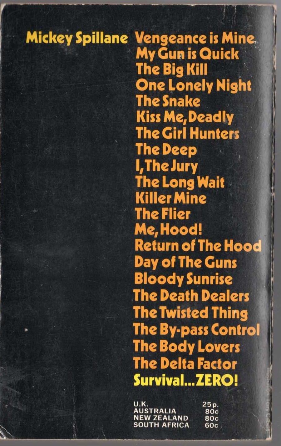 Mickey Spillane  SURVIVAL ZERO magnified rear book cover image