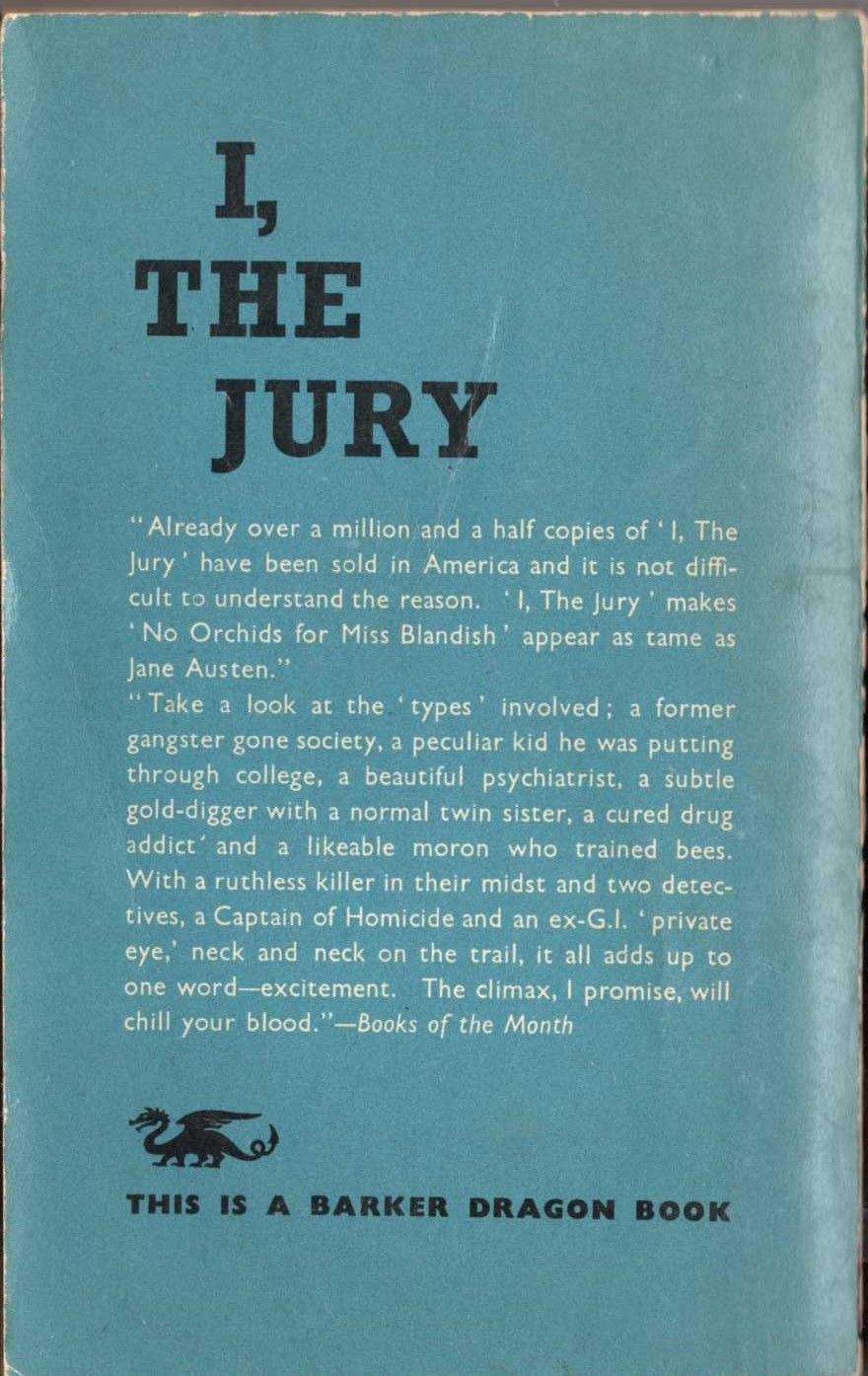 Mickey Spillane  I,-THE JURY magnified rear book cover image