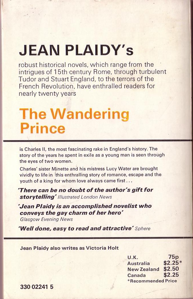 Jean Plaidy  THE WANDERING PRINCE magnified rear book cover image