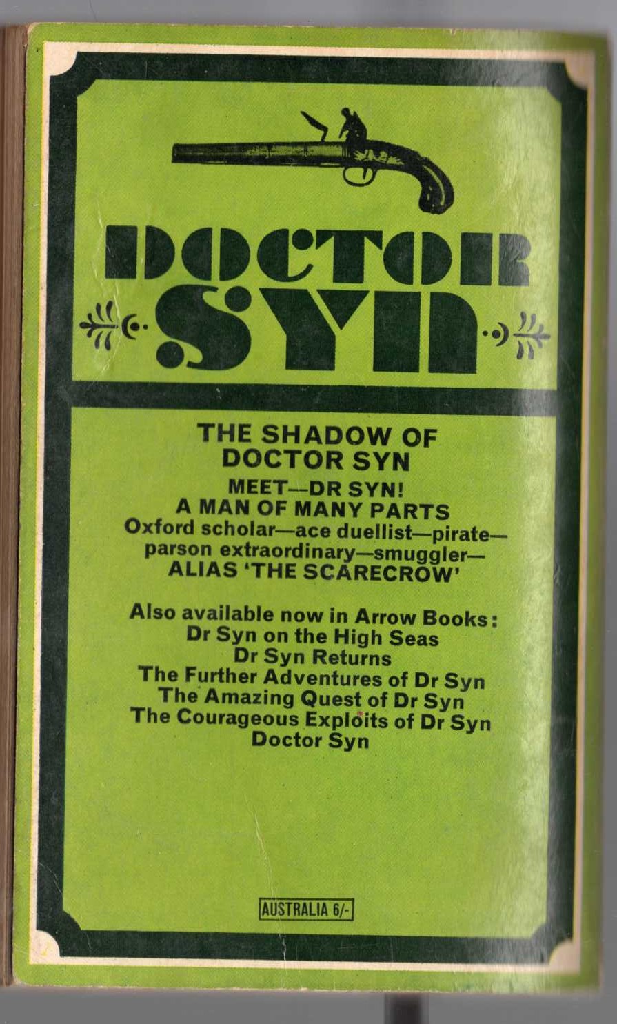 Russell Thorndike  THE SHADOW OF DOCTOR SYN magnified rear book cover image