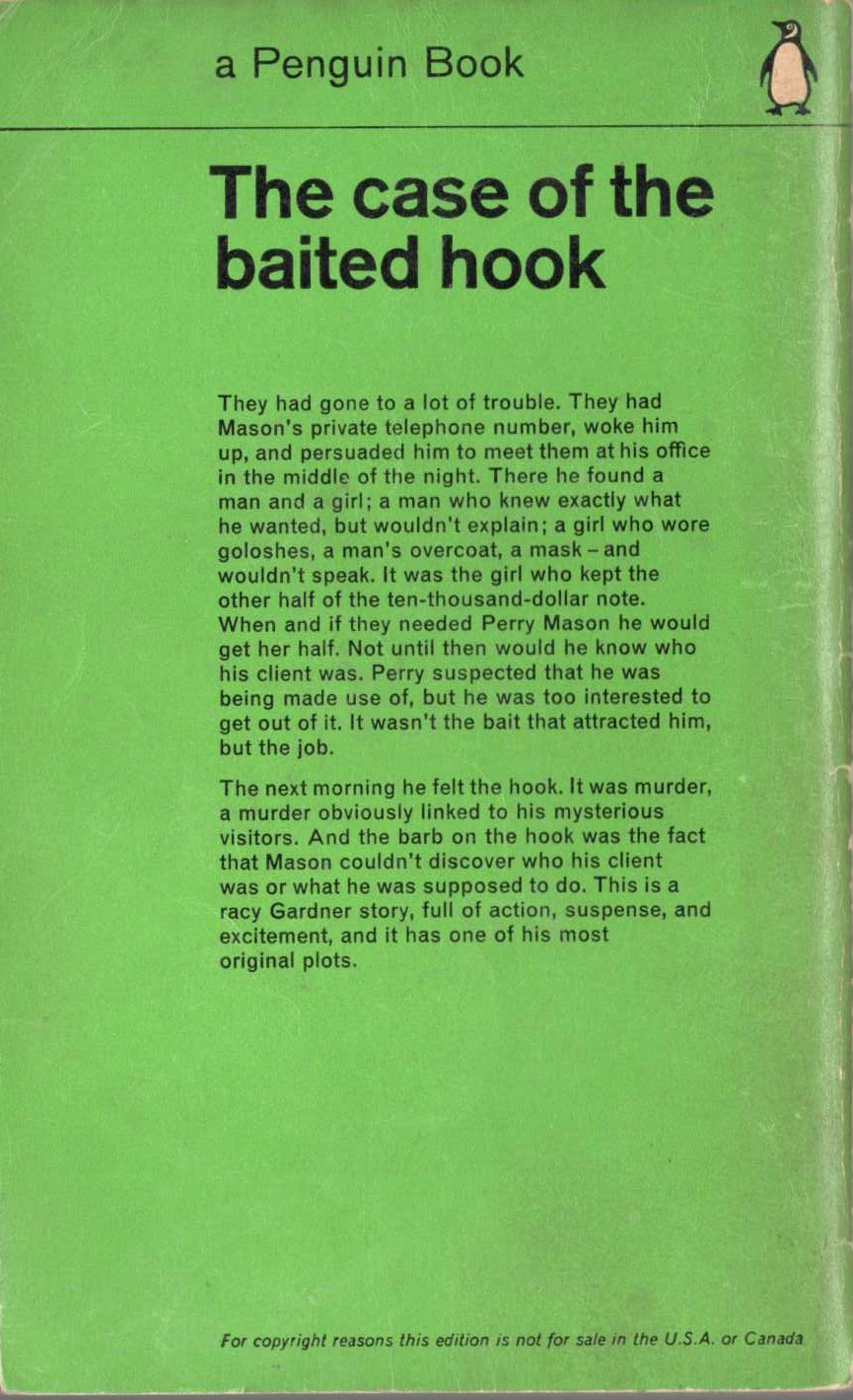 Erle Stanley Gardner  THE CASE OF THE BAITED HOOK magnified rear book cover image
