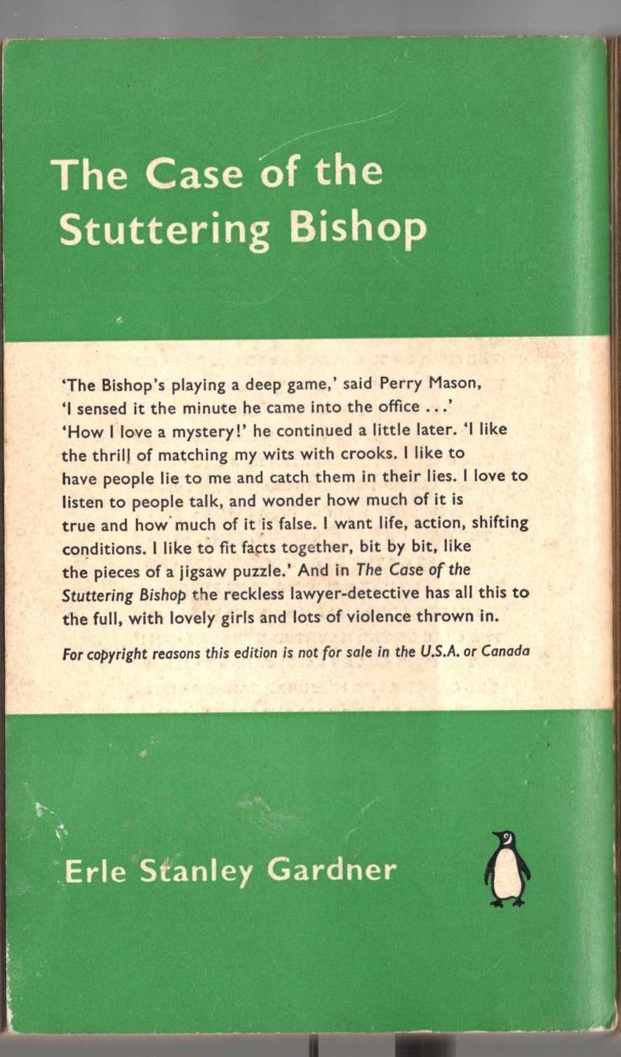 Erle Stanley Gardner  THE CASE OF THE STUTTERING BISHOP magnified rear book cover image
