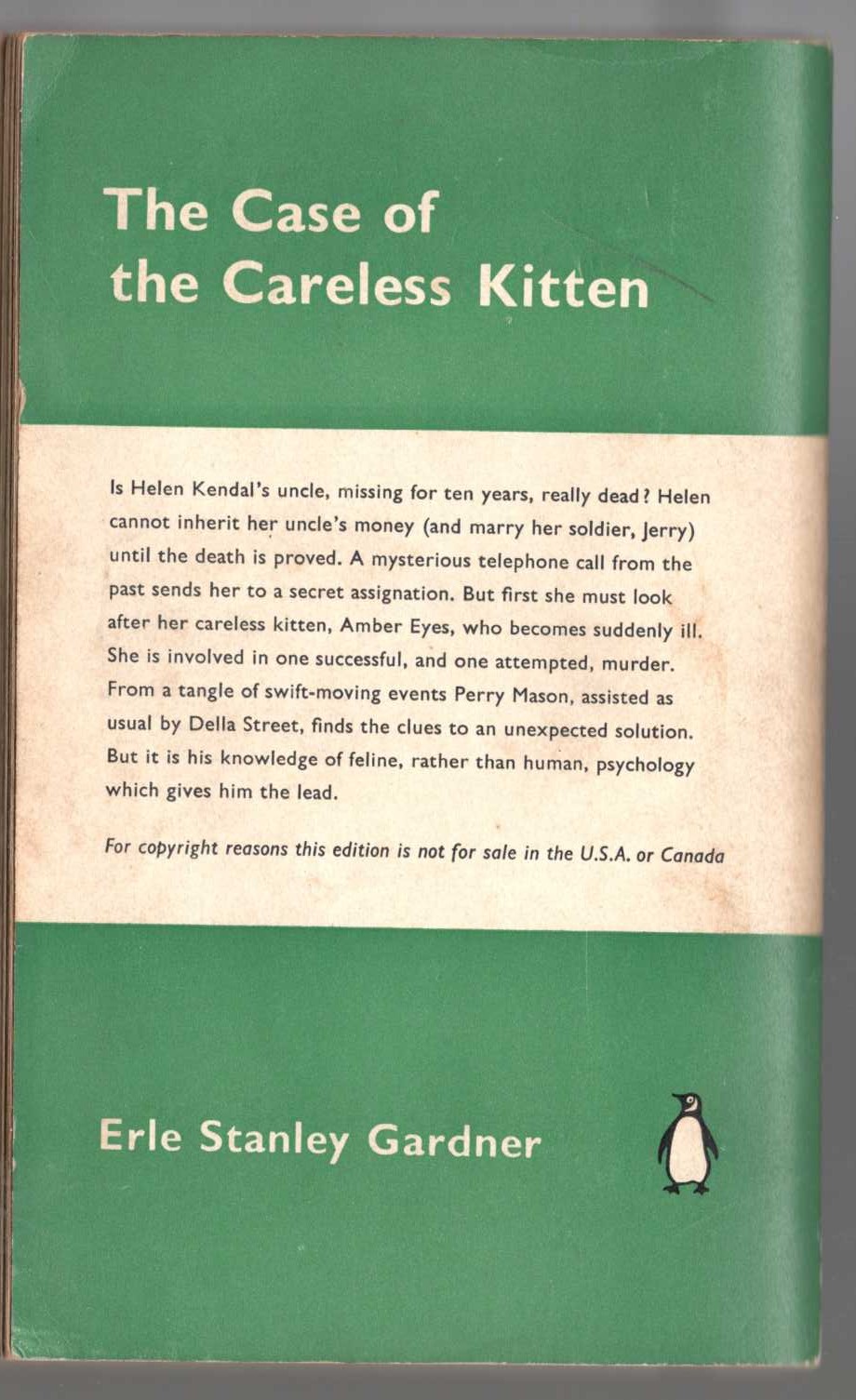 Erle Stanley Gardner  THE CASE OF THE CARELESS KITTEN magnified rear book cover image