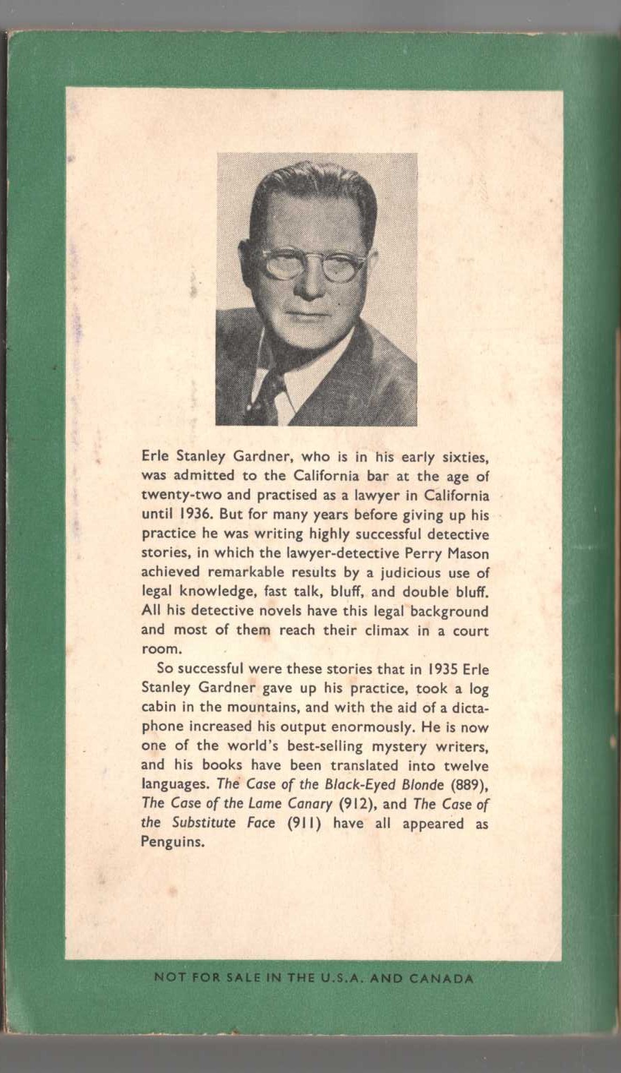 Erle Stanley Gardner  THE CASE OF THE COUNTERFEIT EYE magnified rear book cover image