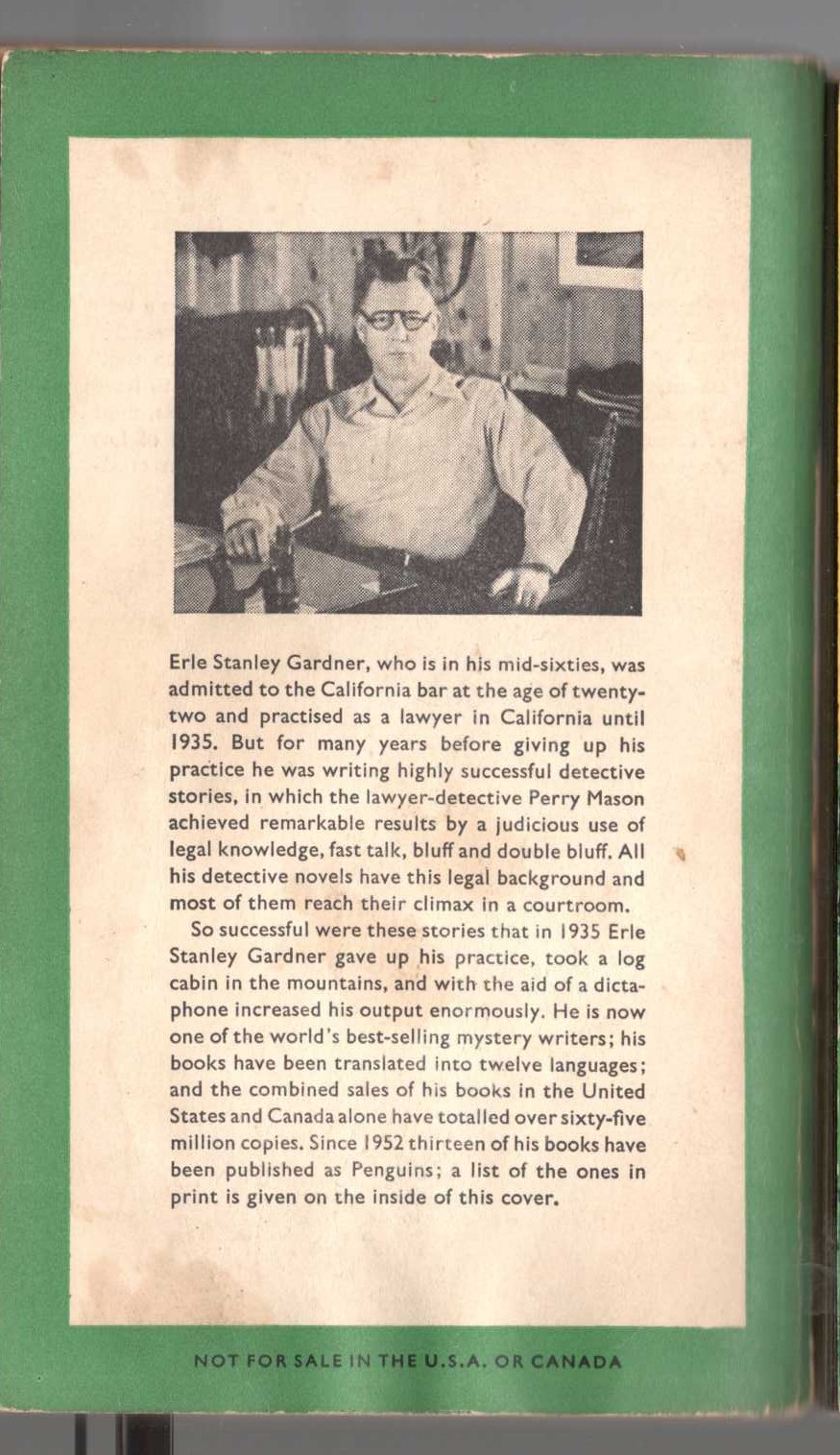 Erle Stanley Gardner  THE CASE OF THE LAME CANARY magnified rear book cover image