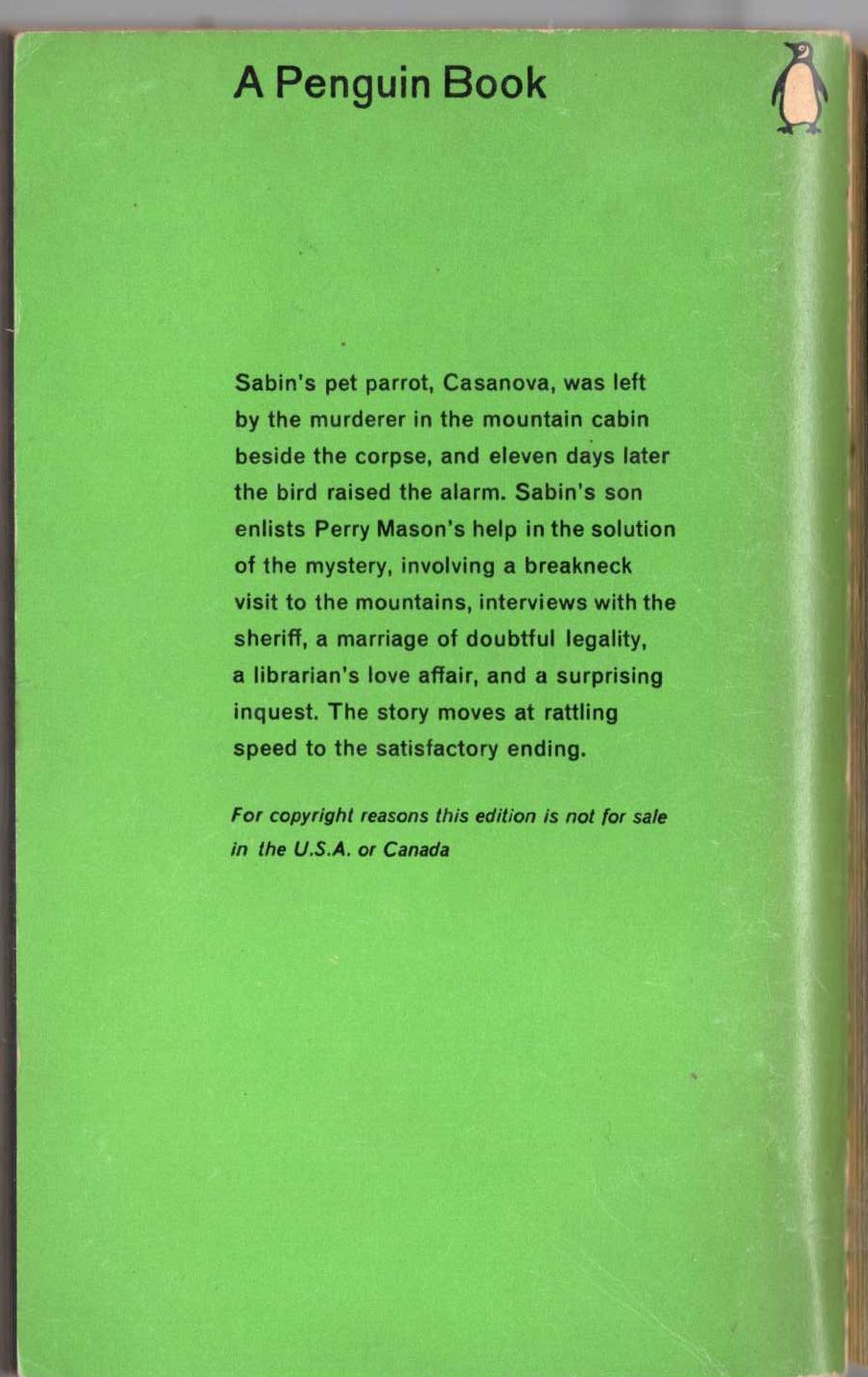 Erle Stanley Gardner  THE CASE OF THE PERJURED PARROT magnified rear book cover image
