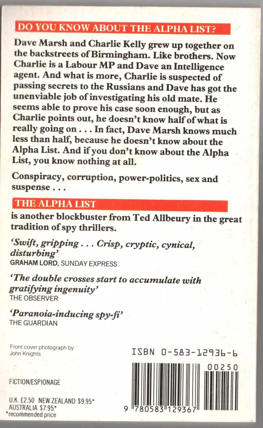 Ted Allbeury  THE ALPHA LIST magnified rear book cover image