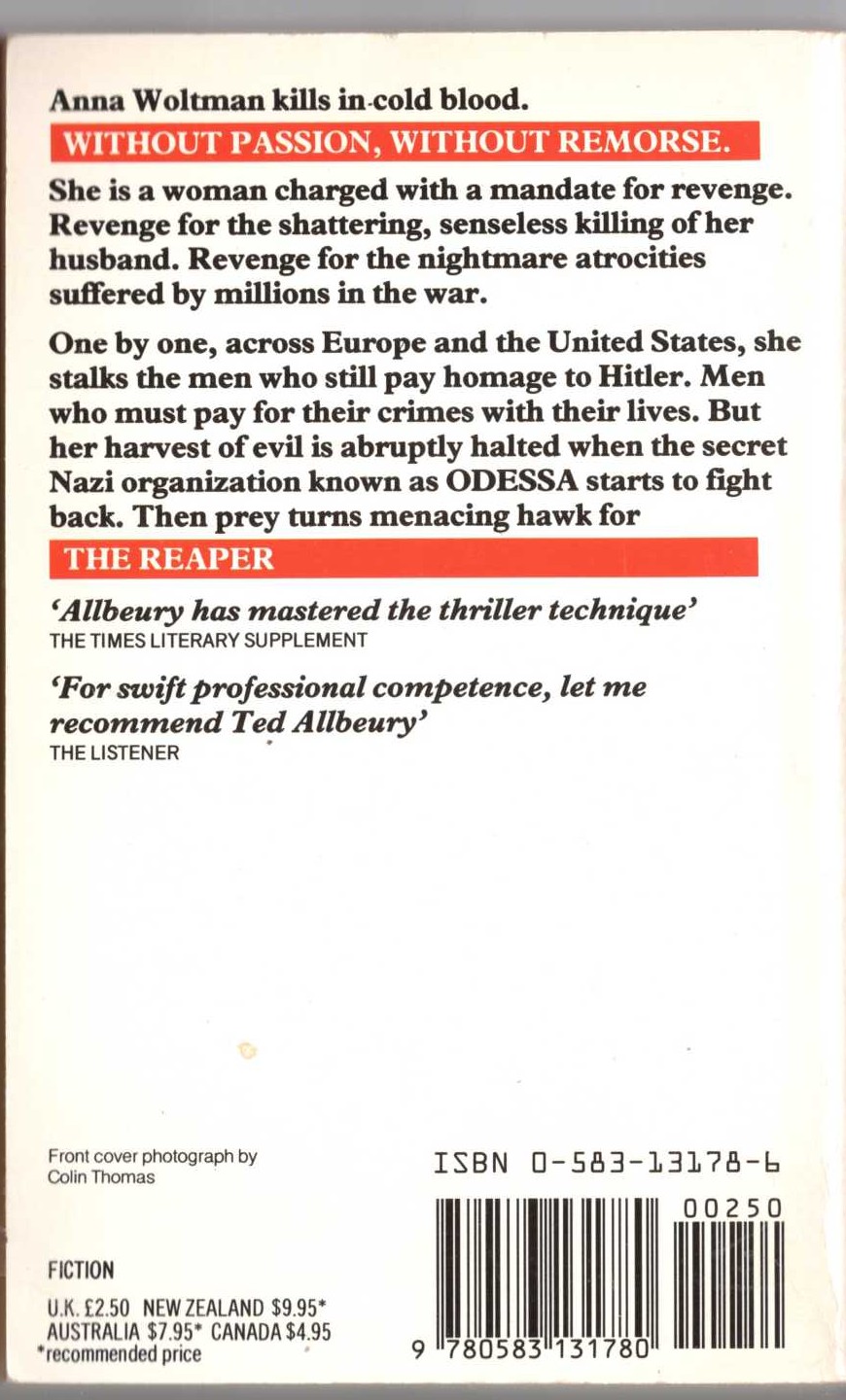 Ted Allbeury  THE REAPER magnified rear book cover image