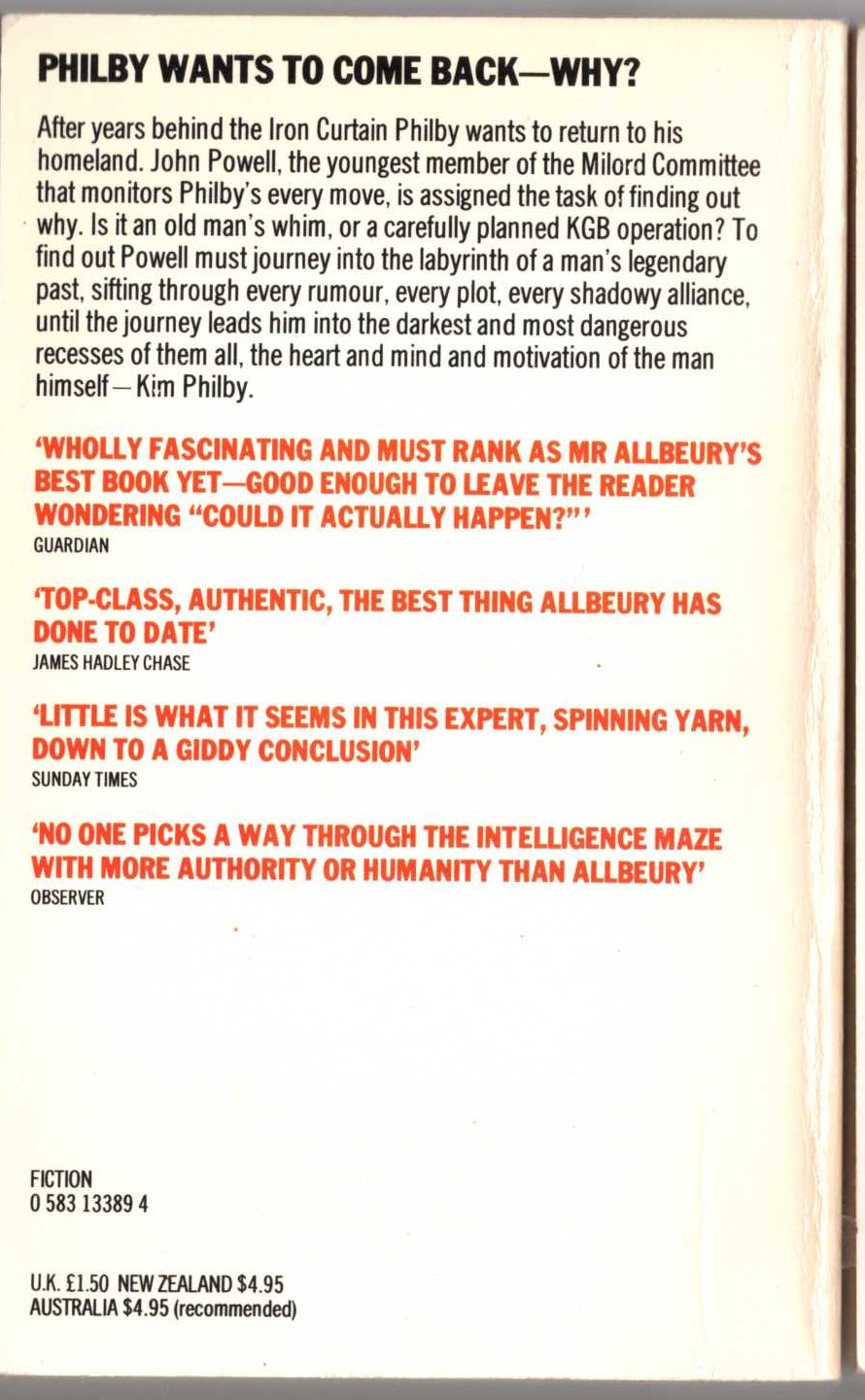 Ted Allbeury  THE OTHER SIDE OF SILENCE magnified rear book cover image