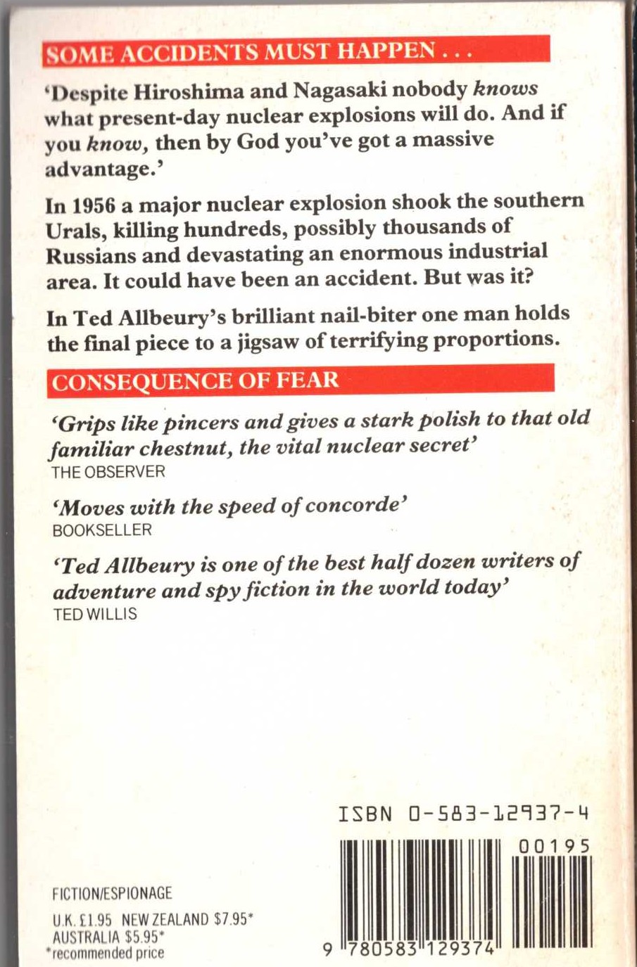 Ted Allbeury  CONSEQUENCE OF FEAR magnified rear book cover image