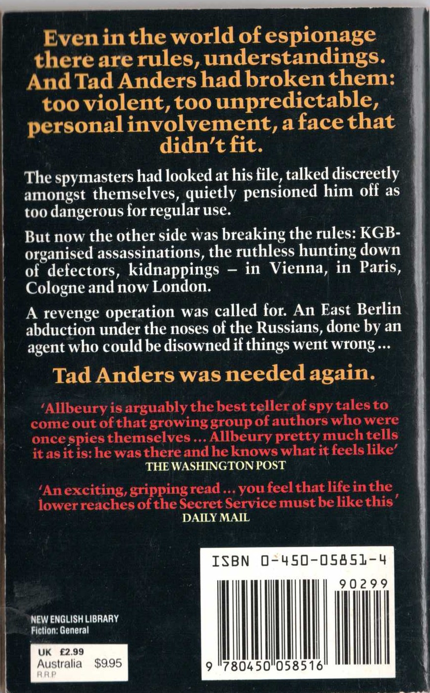 Ted Allbeury  THE JUDAS FACTOR magnified rear book cover image
