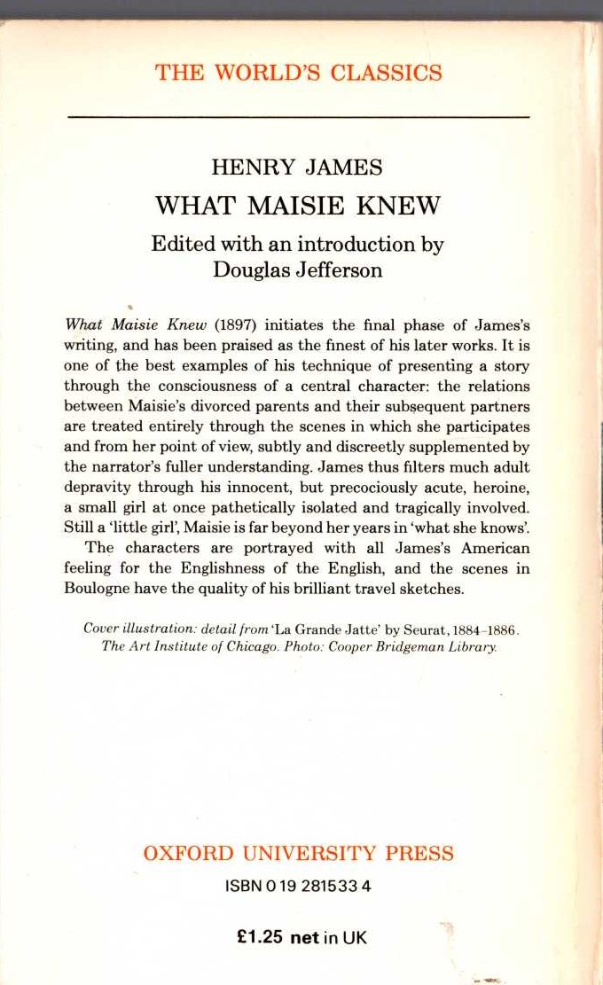 Henry James  WHAT MASIE KNEW magnified rear book cover image