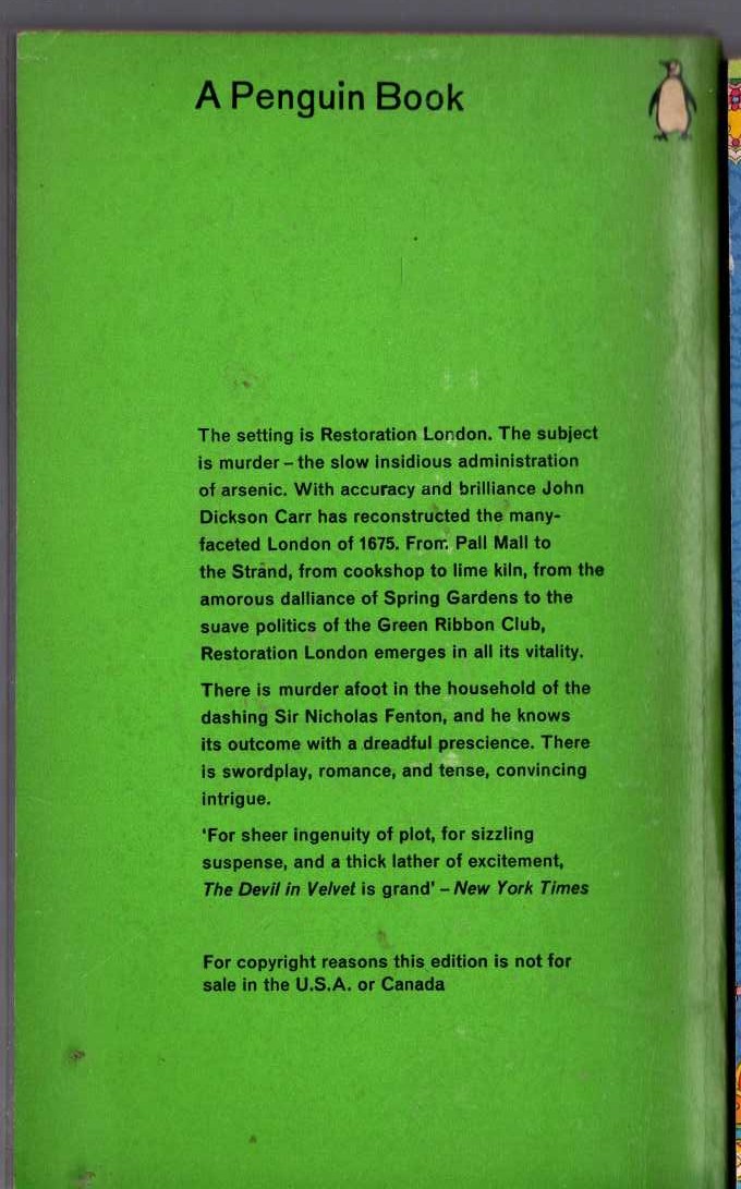John Dickson Carr  THE DEVIL IN VELVET magnified rear book cover image