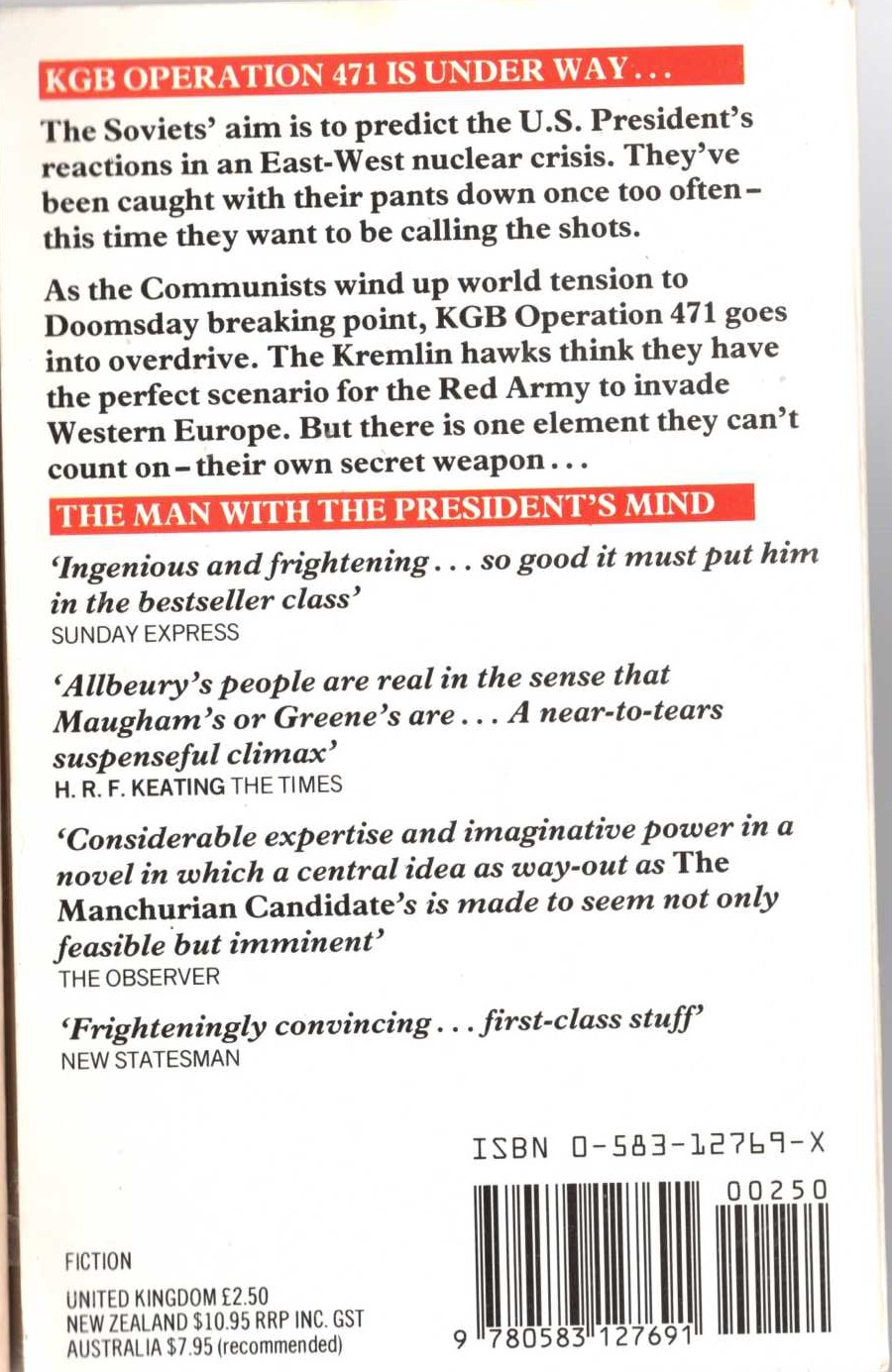 Ted Allbeury  THE MAN WITH THE PRESIDENT'S MIND magnified rear book cover image