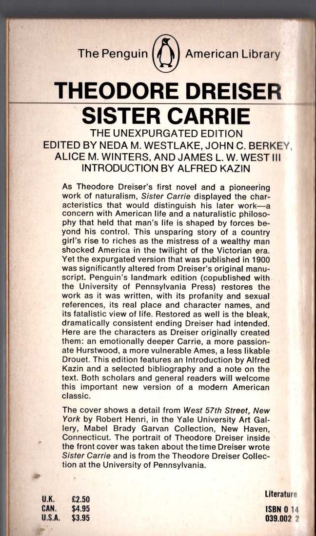 Theodore Dreiser  SISTER CARRIE magnified rear book cover image