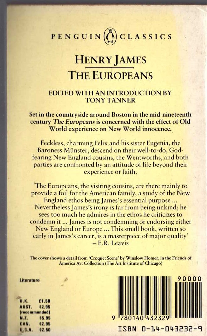 Henry James  THE EUROPEANS magnified rear book cover image