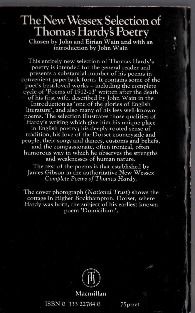Thomas Hardy  THE NEW WESSEX SELECTION OF THOMAS HARDY POETRY magnified rear book cover image