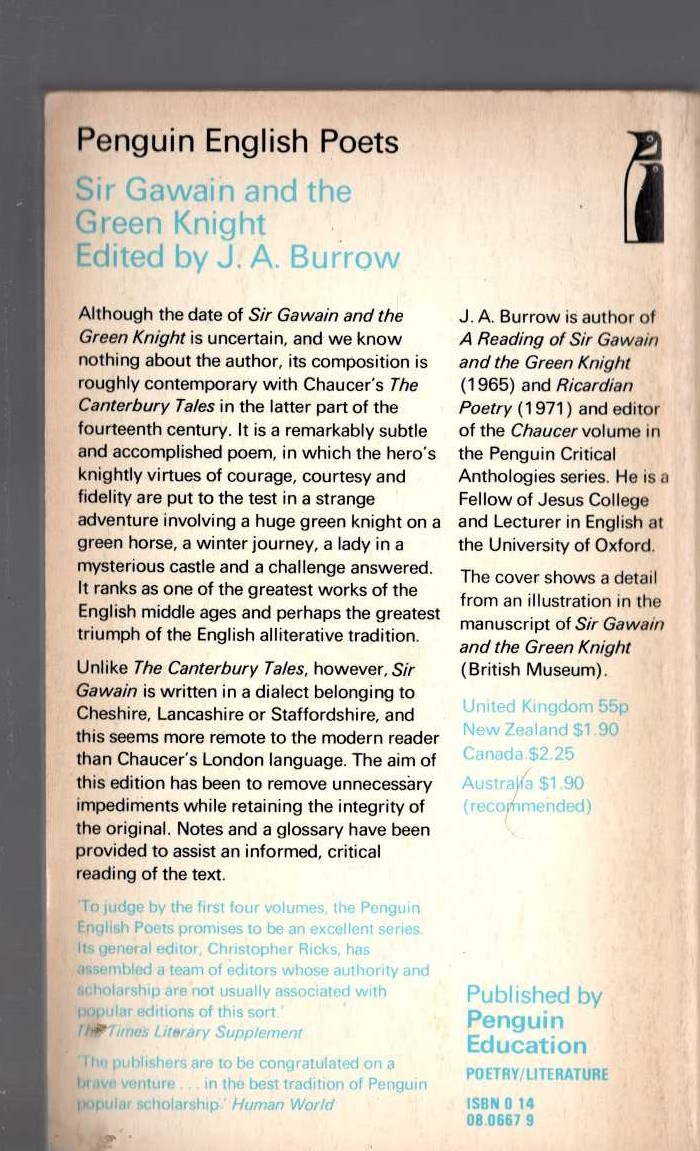 J.A. Burrow (edits) SIR GAWAIN AND THE GREEN KNIGHT magnified rear book cover image