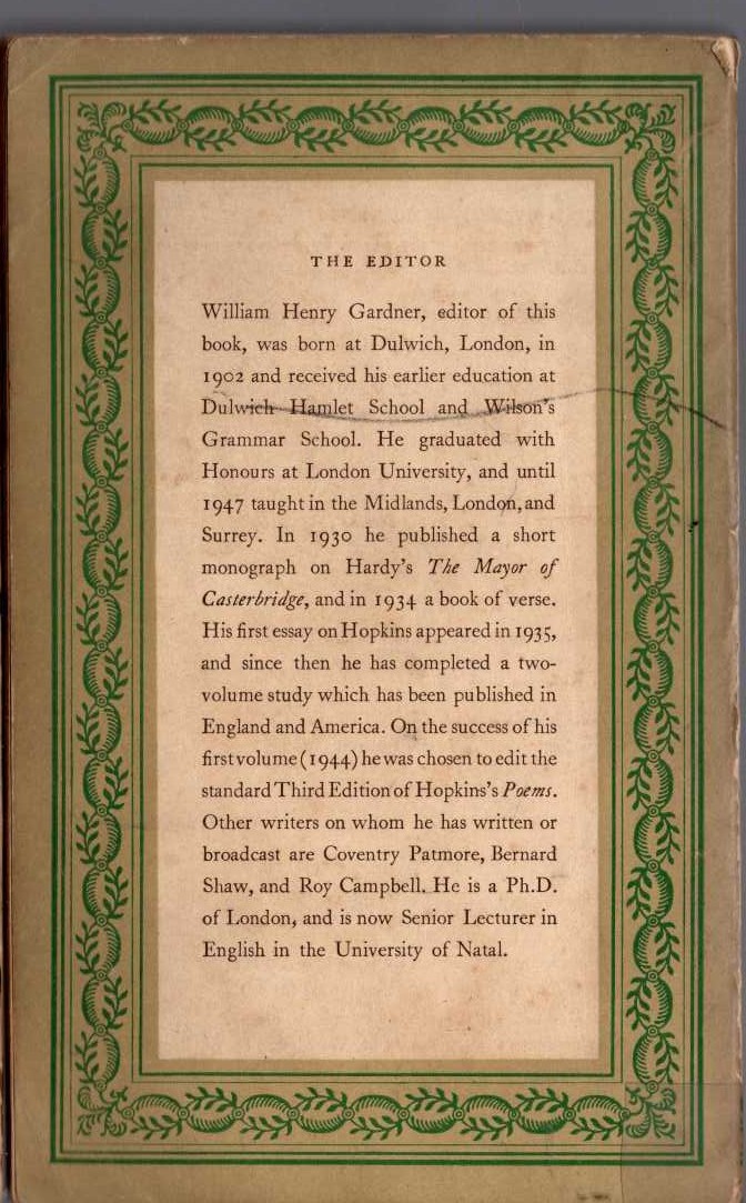 W.H. Garnder (selects) GERARD MANLEY HOPKINS. a selection of his poems and prose magnified rear book cover image