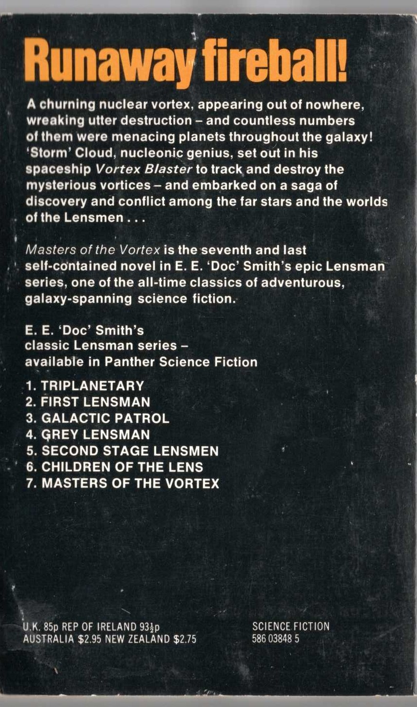 E.E.'Doc' Smith  MASTERS OF THE VORTEX magnified rear book cover image
