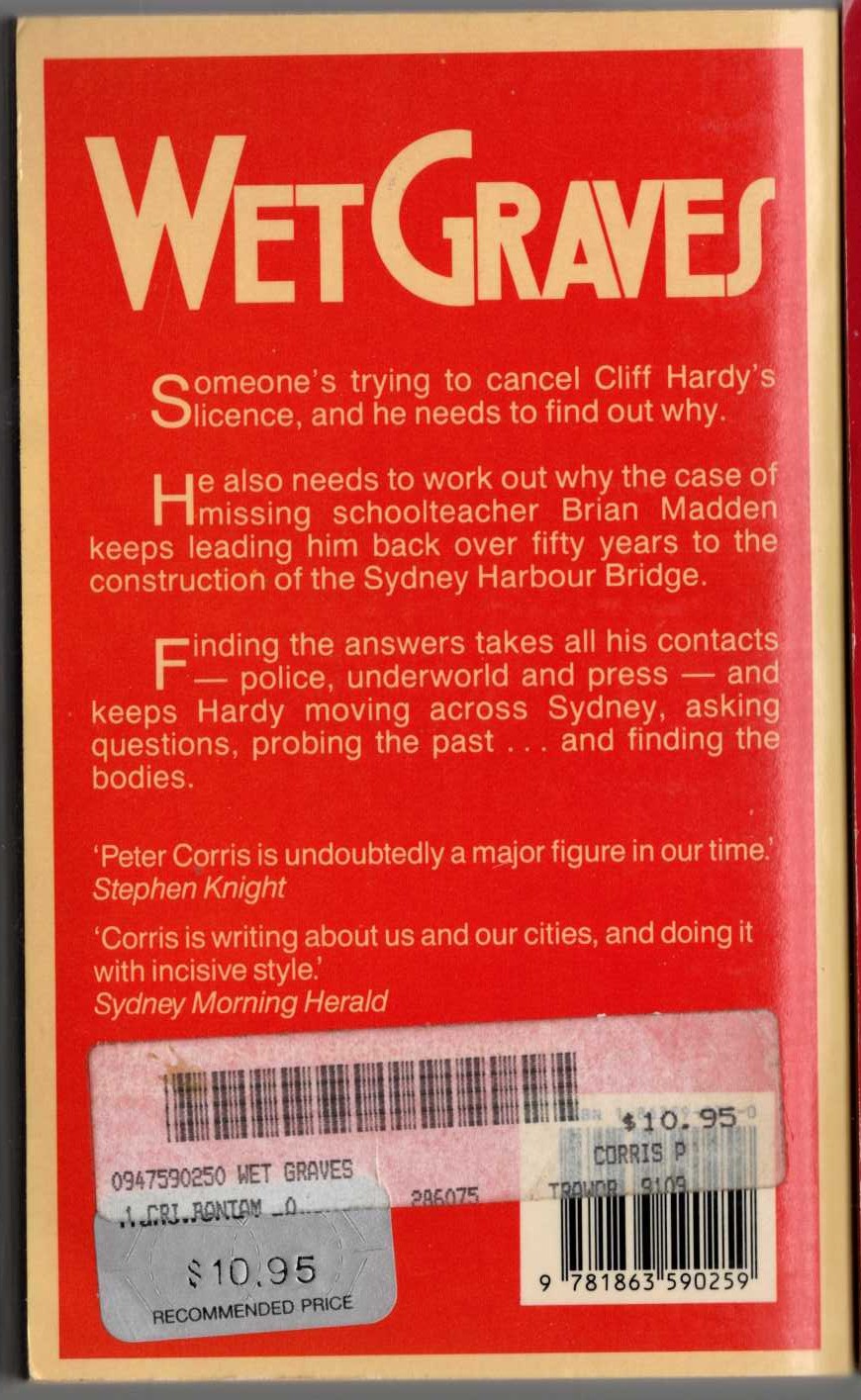 Peter Corris  WET GRAVES magnified rear book cover image