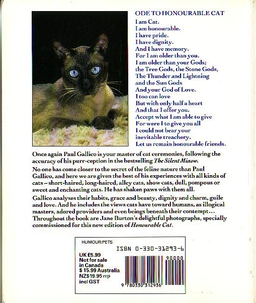 Paul Gallico  HONOURABLE CAT magnified rear book cover image