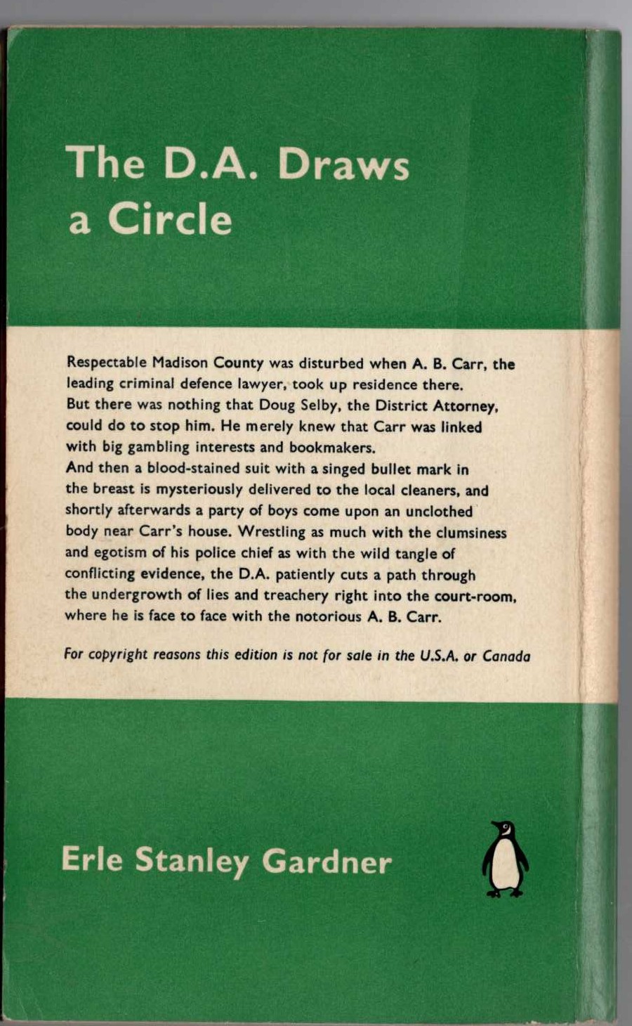 Erle Stanley Gardner  THE D.A. DRAWS A CIRCLE magnified rear book cover image