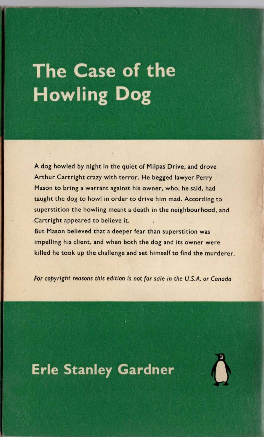 Erle Stanley Gardner  THE CASE OF THE HOWLING DOG magnified rear book cover image
