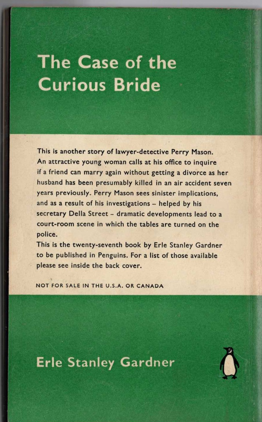 Erle Stanley Gardner  THE CASE OF THE CURIOUS BRIDE magnified rear book cover image