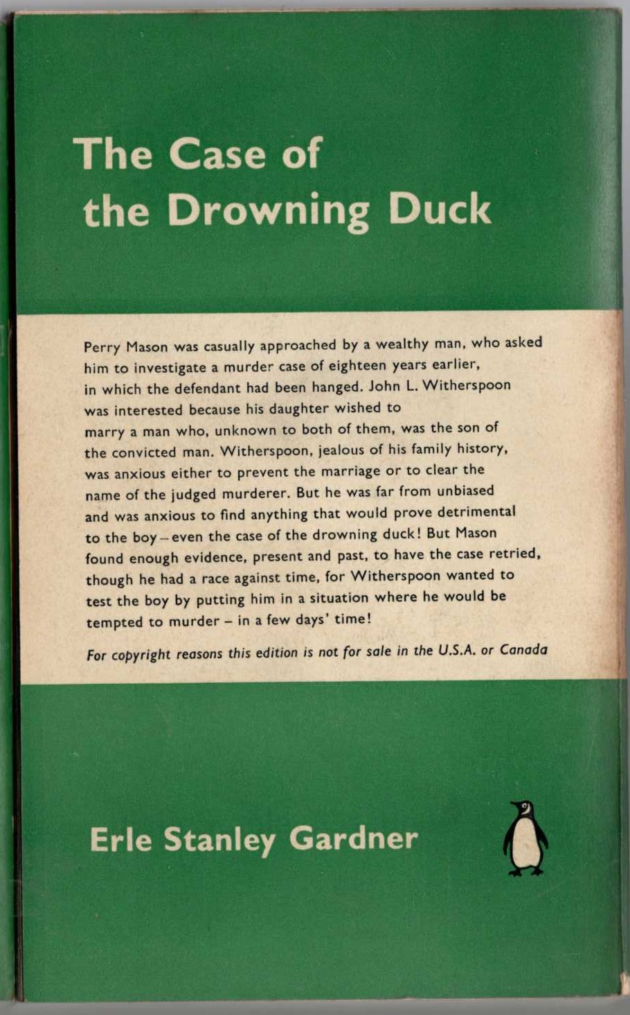 Erle Stanley Gardner  THE CASE OF THE DROWNING DUCK magnified rear book cover image