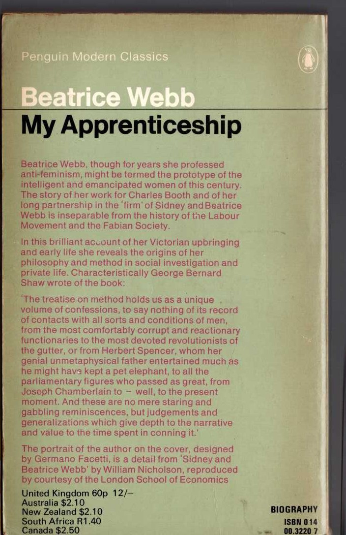 Beatrice Webb  MY APPRENTICESHIP magnified rear book cover image