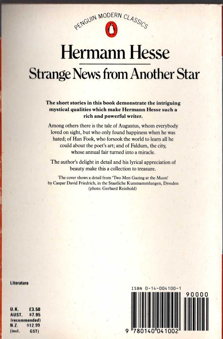 Hermann Hesse  STRANGE NEWS FROM ANOTHER STAR magnified rear book cover image