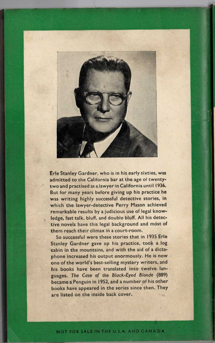 Erle Stanley Gardner  THE CASE OF THE SLEEPWALKER'S NIECE magnified rear book cover image