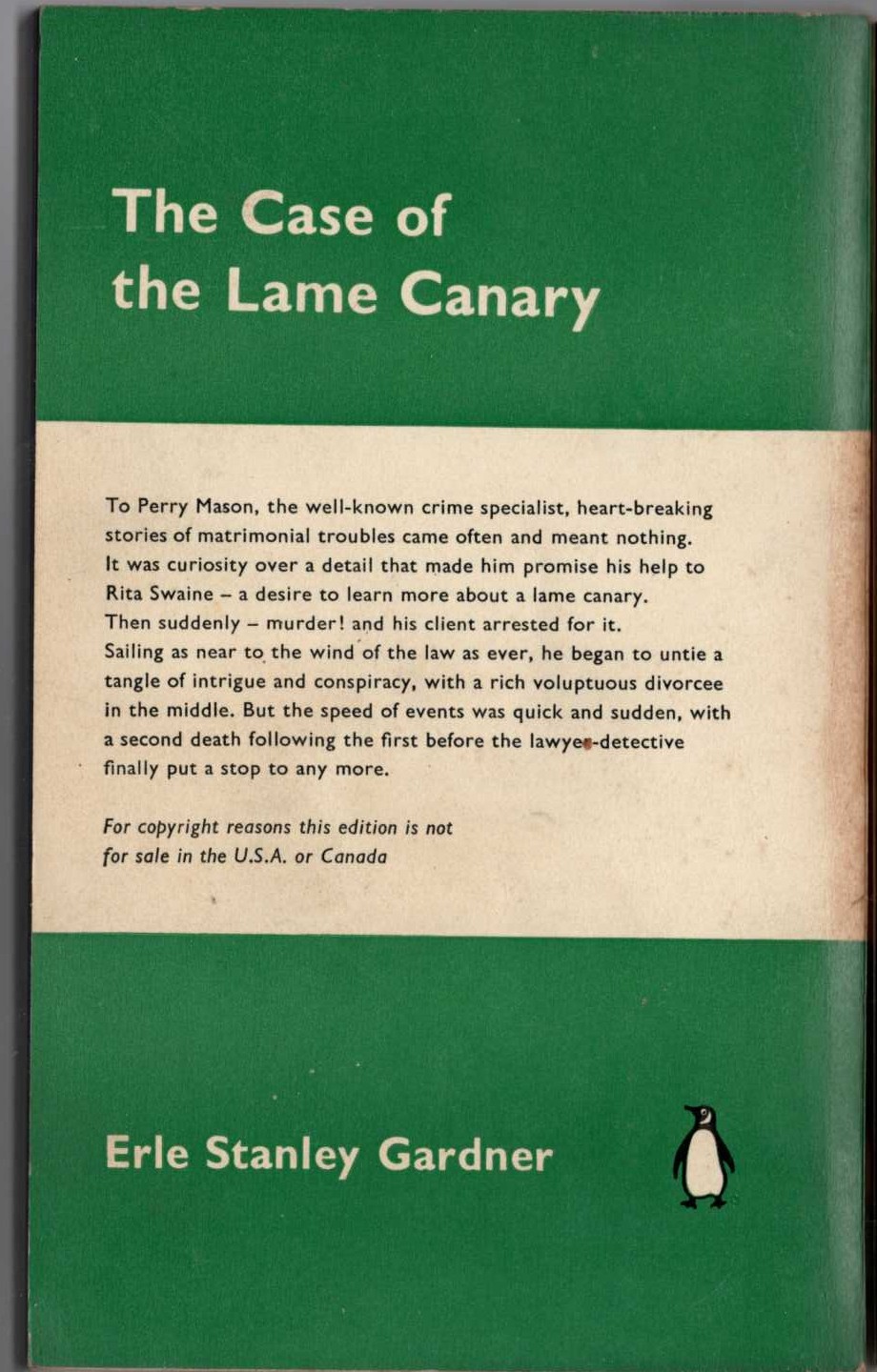 Erle Stanley Gardner  THE CASE OF THE LAME CANARY magnified rear book cover image