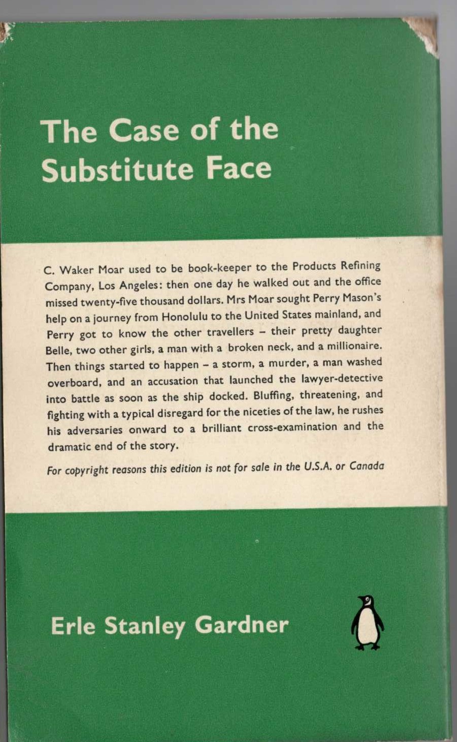 Erle Stanley Gardner  THE CASE OF THE SUBSTITUTE FACE magnified rear book cover image