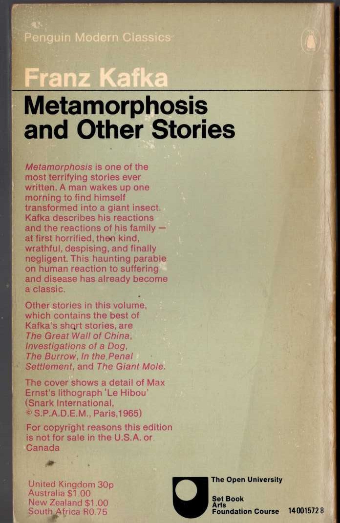 Franz Kafka  METAMORPHOSIS and Other Stories magnified rear book cover image