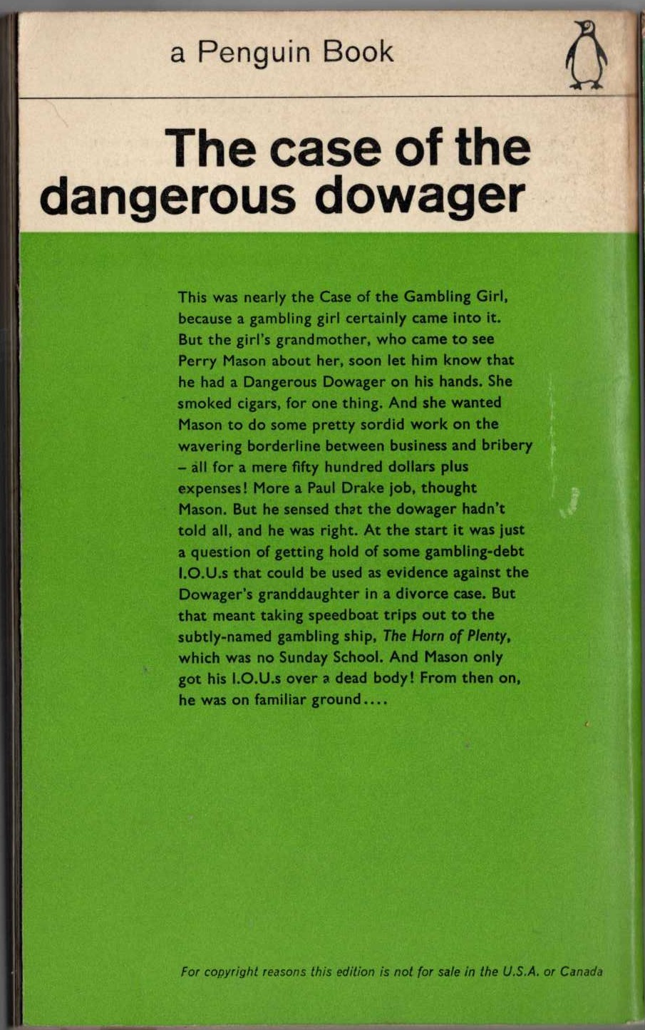Erle Stanley Gardner  THE CASE OF THE DANGEROUS DOWAGER magnified rear book cover image