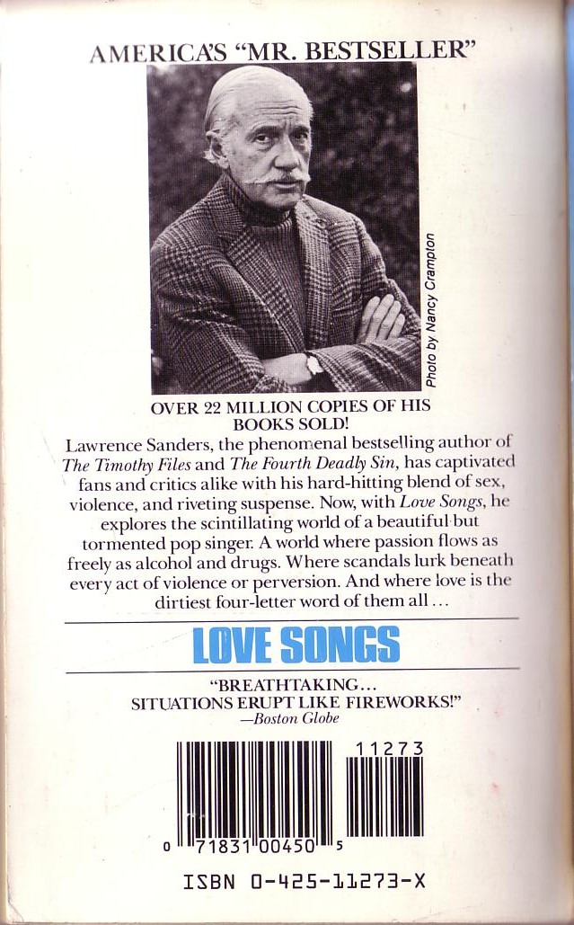 Lawrence Sanders  LOVE SONGS magnified rear book cover image