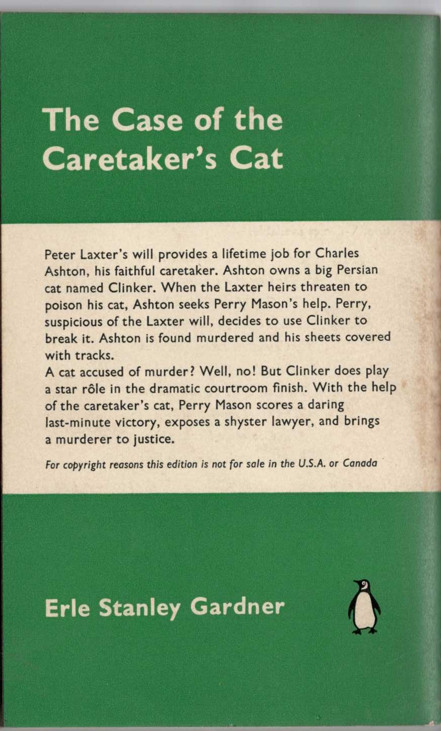 Erle Stanley Gardner  THE CASE OF THE CARETAKER'S CAT magnified rear book cover image