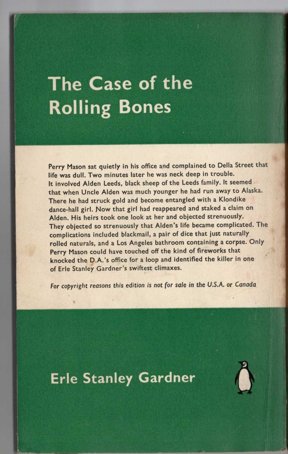 Erle Stanley Gardner  THE CASE OF THE ROLLING BONES magnified rear book cover image