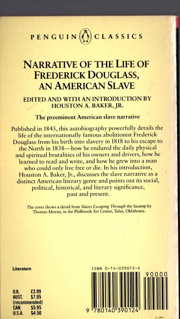 Houston A. Baker (edits_and_introduces) NARRATIVE OF THE LIFE OF FREDERICK DOUGLASS, AN AMERICAN SLAVE magnified rear book cover image