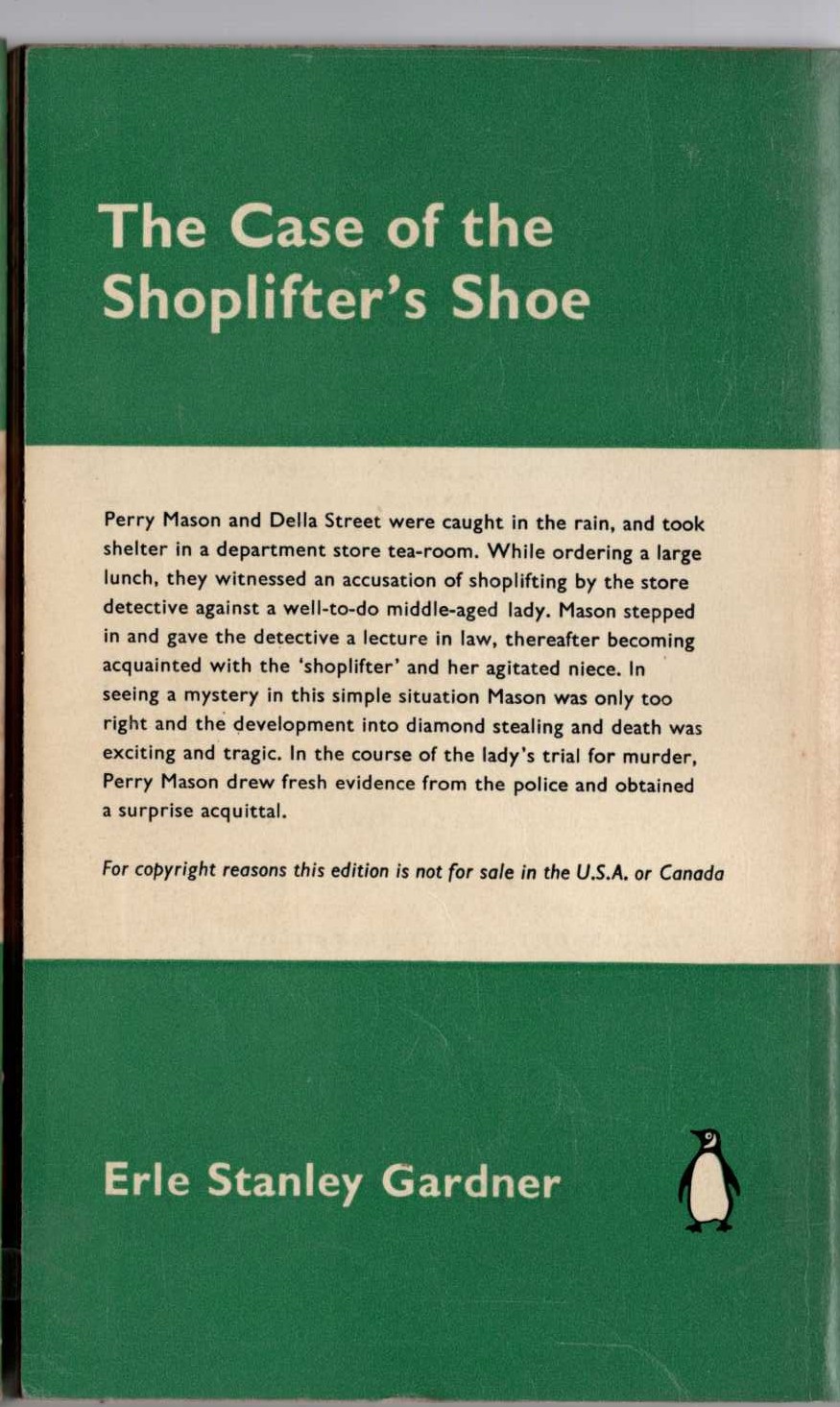 Erle Stanley Gardner  THE CASE OF THE SHOPLIFTER'S SHOE magnified rear book cover image