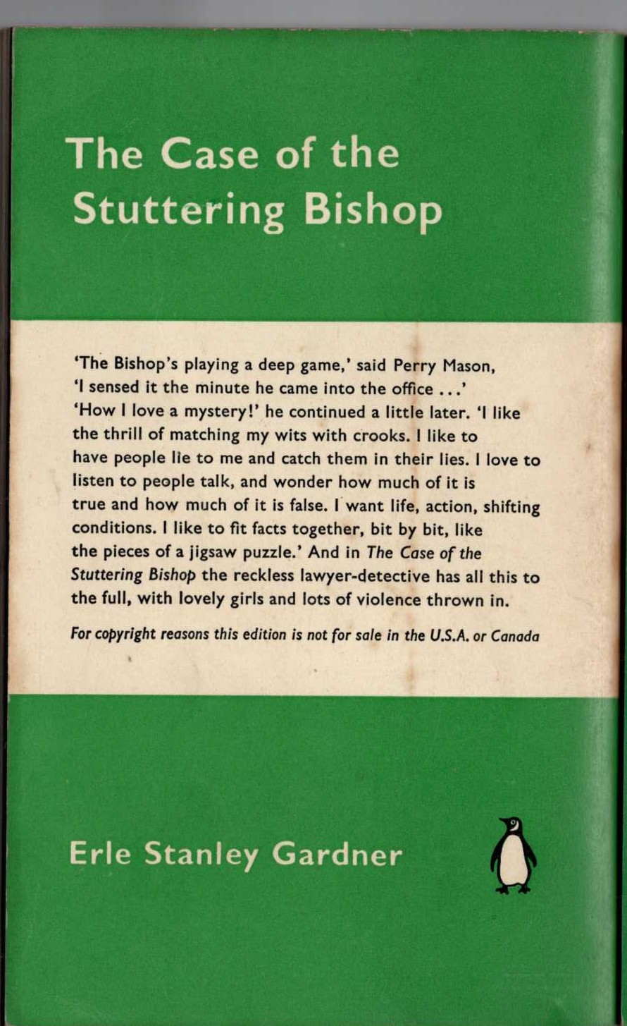 Erle Stanley Gardner  THE CASE OF THE STUTTERING BISHOP magnified rear book cover image
