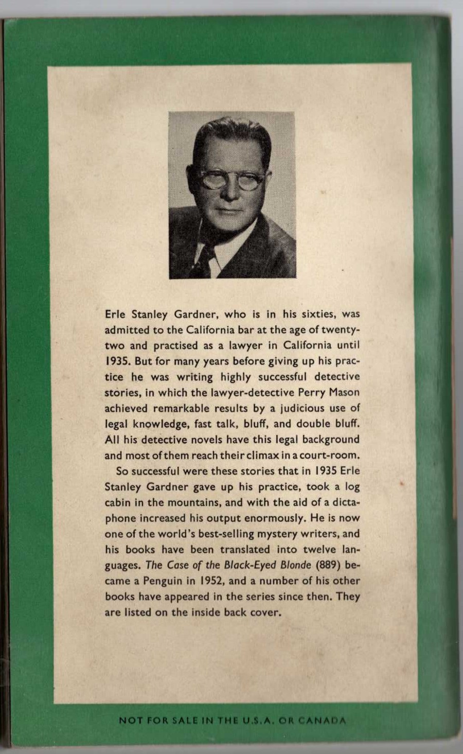 Erle Stanley Gardner  THE CASE OF THE HALF-WAKENED WIFE magnified rear book cover image
