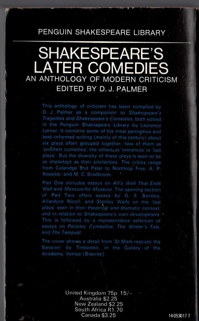 (D.J.Palmer edits) SHAKESPEARE'S LATER COMEDIES magnified rear book cover image